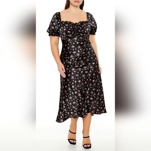 BOW FRONT Floral Black Midi Dress